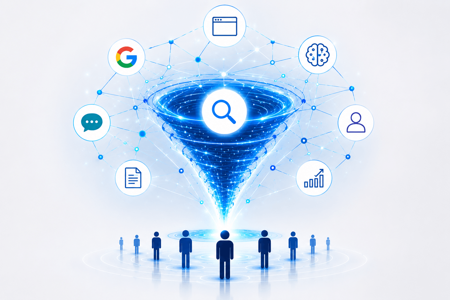 Visualisierung eines Serponados: Relevante Inhalte, Suchmaschinen, KI-Systeme und Nutzerbedürfnisse erzeugen digitale Sichtbarkeit.
