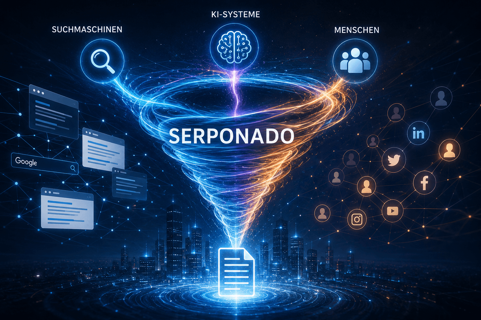 Serponado als digitales Sichtbarkeitsphänomen: Zusammenspiel von Suchmaschinen, KI-Systemen und menschlicher Aufmerksamkeit.